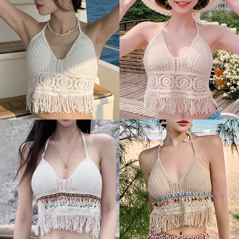 Lhj เสื้อครอปท็อป สายคล้องคอ ประดับพู่ สําหรับผู้หญิง TPN