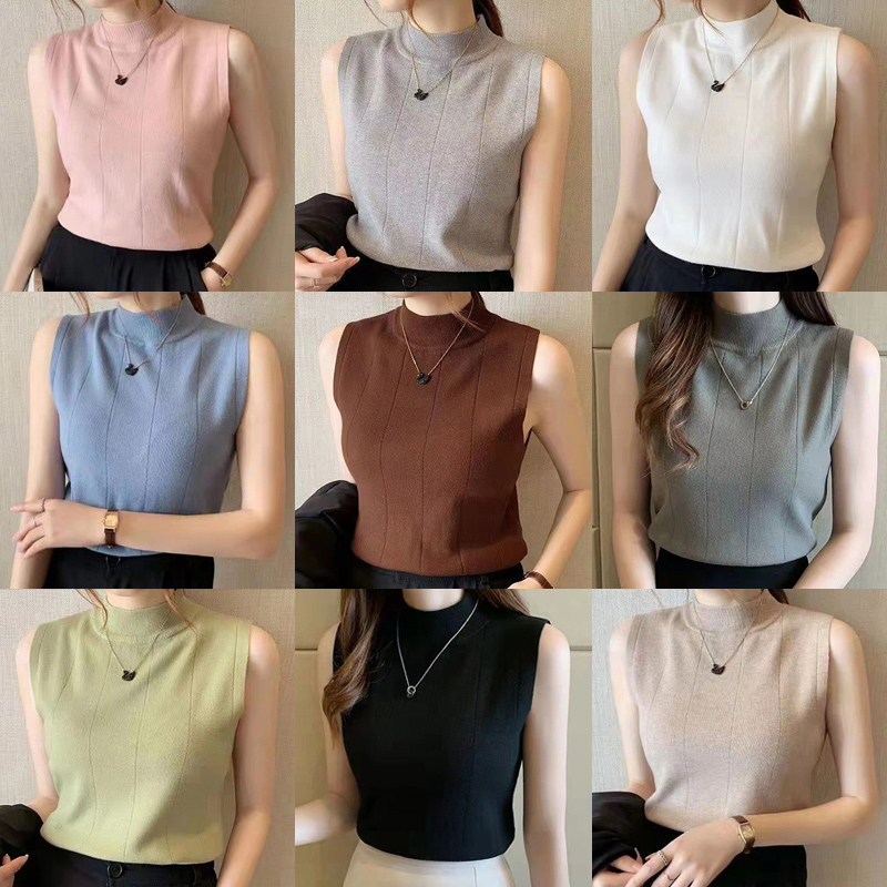 Lhj เสื้อกล้าม คอเต่า แขนกุด ผ้าถัก ลําลอง สีพื้น แฟชั่นฤดูร้อน สําหรับผู้หญิง TPN