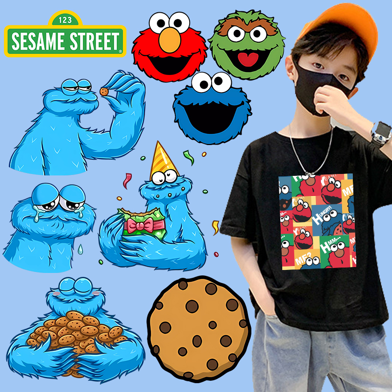 แผ่นแพทช์รีดร้อน ลายการ์ตูน Sesame Street DIY สําหรับตกแต่งเสื้อผ้า