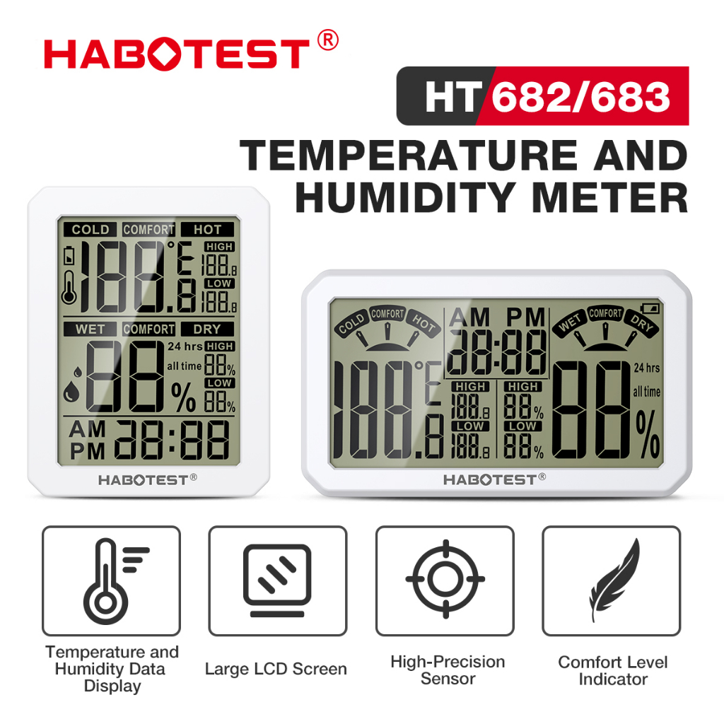 Habotest HT682/683 เครื่องวัดอุณหภูมิความชื้นในร่ม วัสดุ ABS เป็นมิตรกับสิ่งแวดล้อม