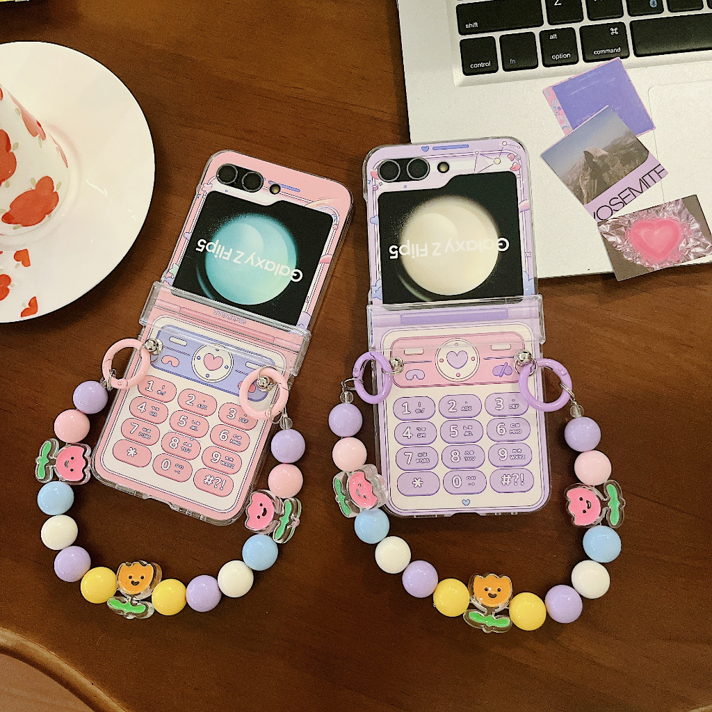 Flip6 Samsung Galaxy Z Flip 3 Z Flip 5 Z Flip 4 5G 3in1 การ์ตูนสีชมพูสีม่วงโทรศัพท์มือถือพร้อมวงเล็บโซ่เคสพีซีฮาร์ดโปร่งใสกันกระแทกโทรศัพท์ความคิดสร้างสรรค์ฝาครอบ