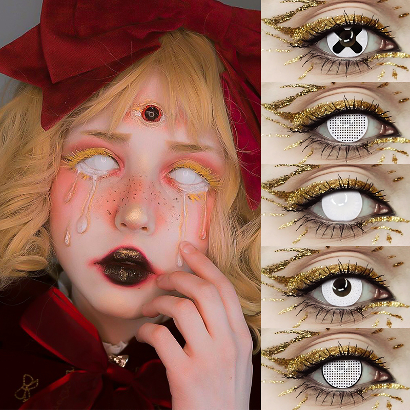 Ksseye คอนแทคเลนส์คอสเพลย์ ลายการ์ตูนอนิเมะฮาโลวีน สีขาว 2 ชิ้น