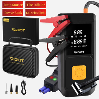 Vediot Jump Starter + ที่เติมลมยาง + พาวเวอร์แบงค์ + ไฟฉาย LED ปั๊มลมจัมเปอร์บูสเตอร์ สําหรับสตาร์ทรถยนต์ฉุกเฉิน