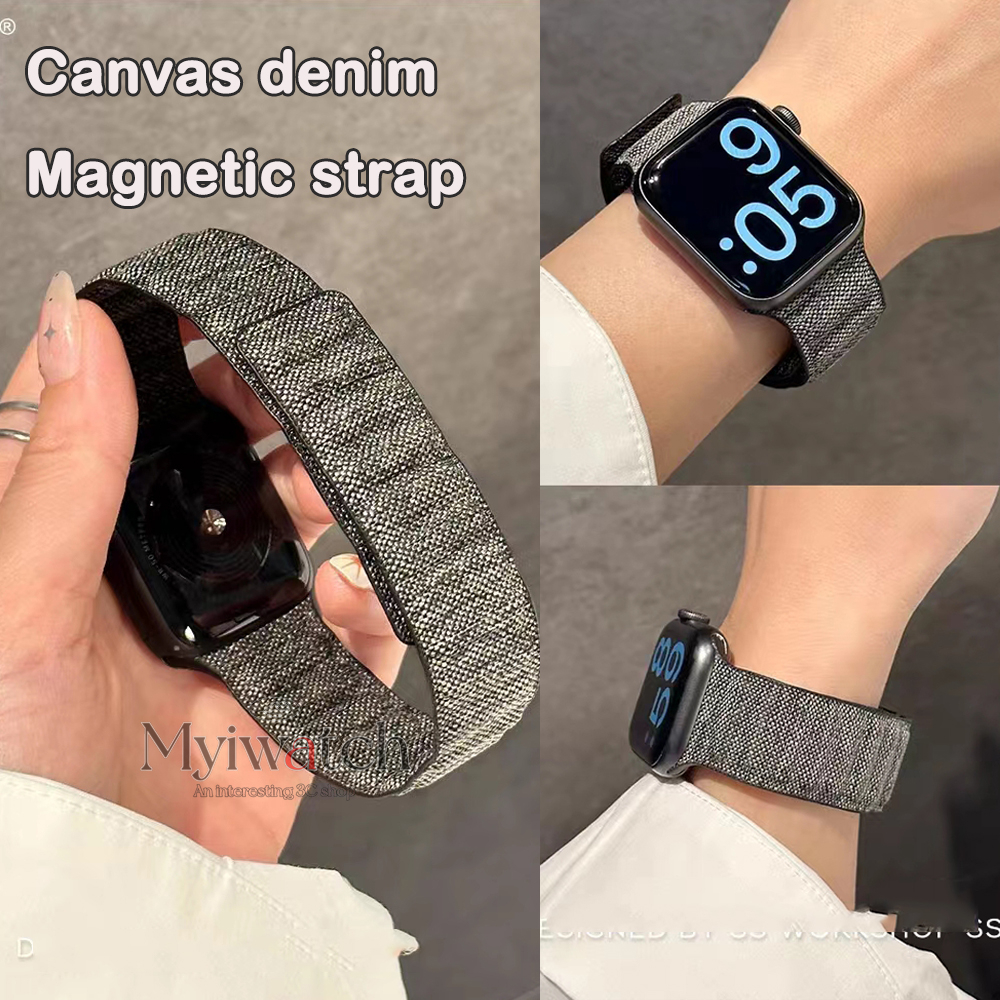 ผ้ายีนส์ผ้าใบสายรัดแม่เหล็กสําหรับ ฉันดู ชุด iWatch Series Ultra 11 10 9 8 7 6 SE 5 4 3 2 สร้างสรรค์สบายๆวงสําหรับ ฉันดู iwatch 46 มม.44 มม.45 มม.42 มม.40 มม.41 มม.38 49