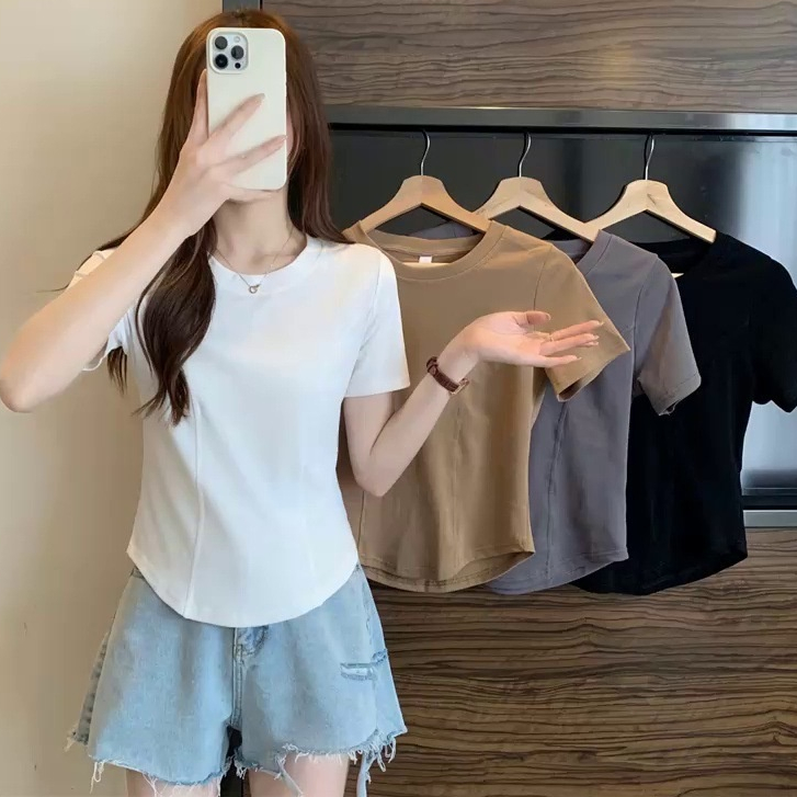 【WJZ】เสื้อยืดแขนสั้นแฟชั่นสไตล์เกาหลีสีพื้นสำหรับผู้หญิง 【T3】