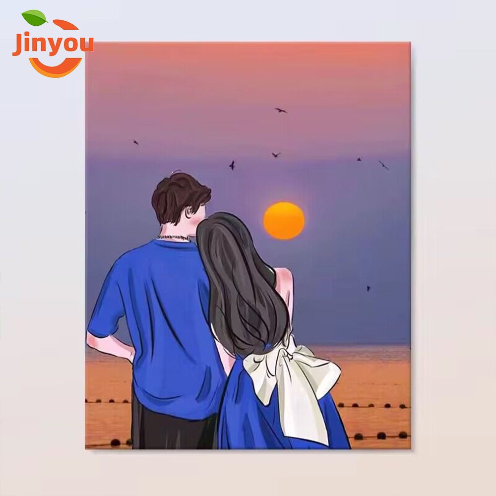 JINYOU(20*30/30*40 ซม.) ระบายสีตามตัวเลข คู่รักโรแมนติก DIY ภาพวาดสีน้ำมันมือทาสีอะคริลิคบรรจุ ภาพวาดตกแต่งบ้าน