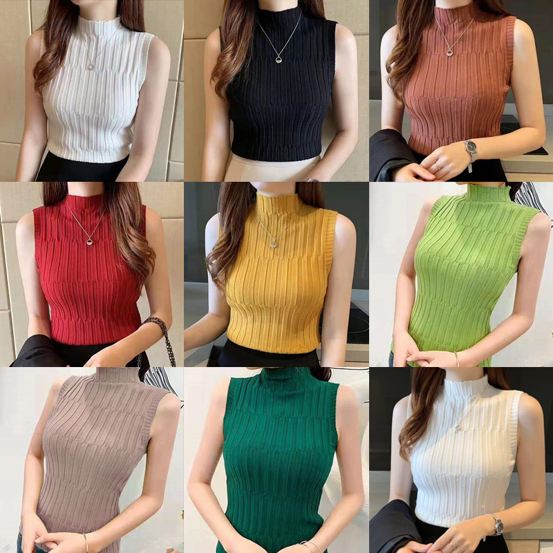 Lhj เสื้อกล้าม คอเต่า แขนกุด ผ้าถัก ลําลอง สีพื้น แฟชั่นฤดูร้อน สําหรับผู้หญิง TPN