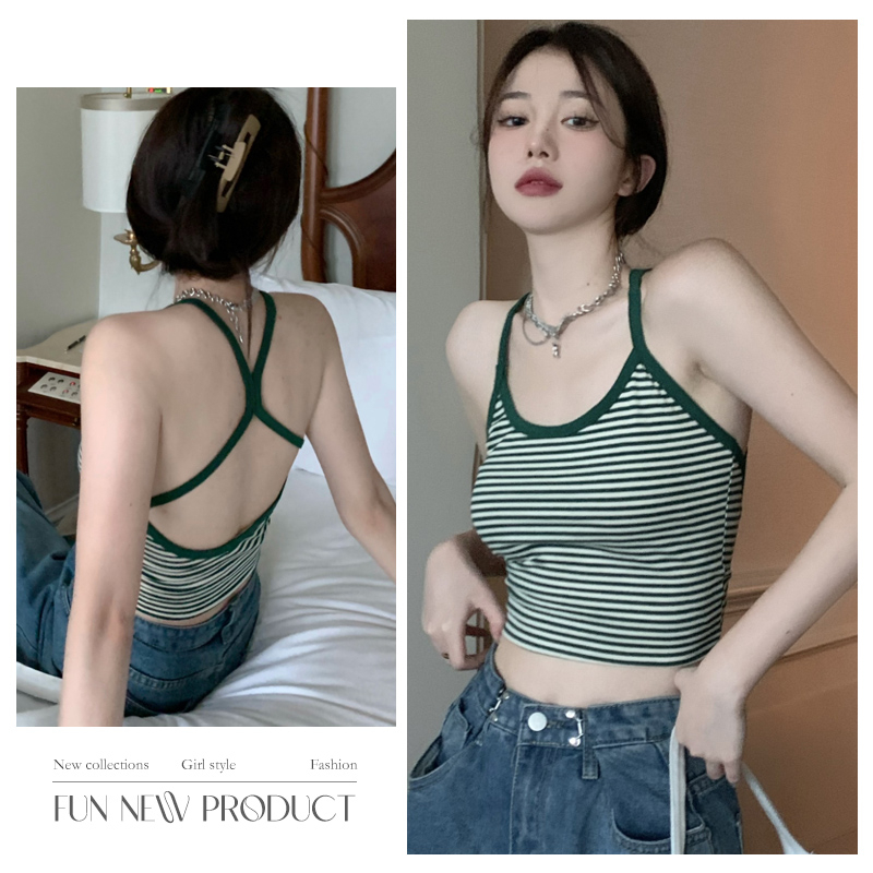 LHJ เสื้อสายเดี่ยว ผ้าถัก ลายทาง ขนาดเล็ก สไตล์ตะวันตก สําหรับผู้หญิง