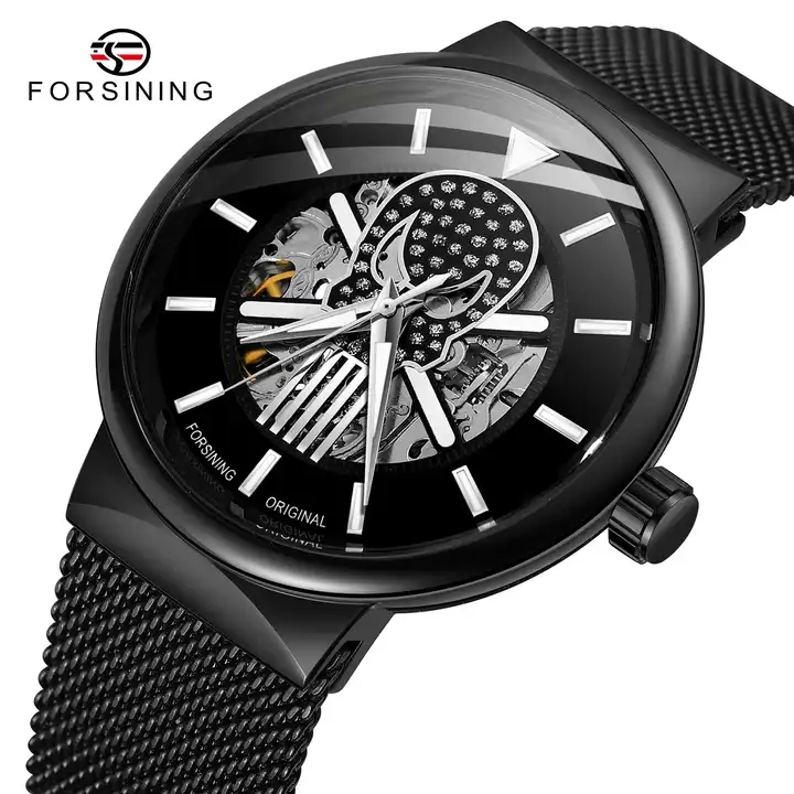 Forsining Watch Mens Night Glow Automatic Mechanical Framework Stainless Steel Mesh Band Watch, Mens