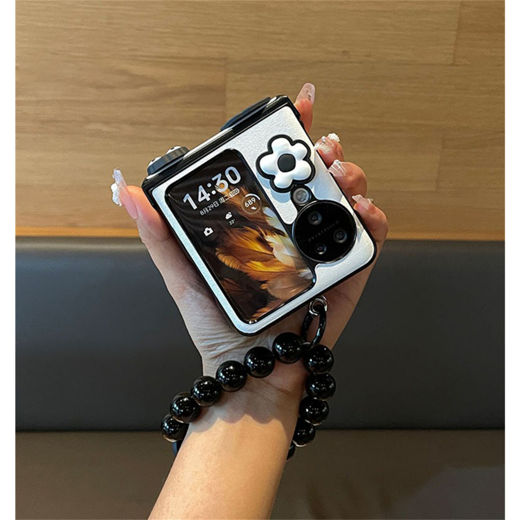 เคสโทรศัพท์มือถือ ฝาพับ ลายดอกไม้เอลฟ์ ประดับลูกปัด พร้อมสายโซ่คล้อง สีขาว สไตล์เกาหลี สําหรับ OPPO Find N3 Flip N2Flip N2 Flip N3