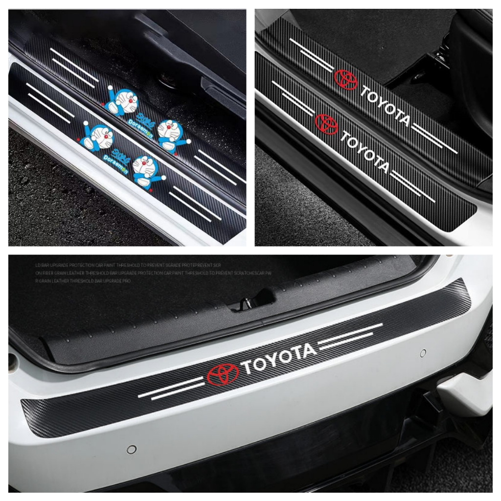 สติกเกอร์คาร์บอนไฟเบอร์ ลาย Hello Kitty ป้องกันรอยขีดข่วน สําหรับติดขอบประตูรถยนต์ 4 ชิ้น