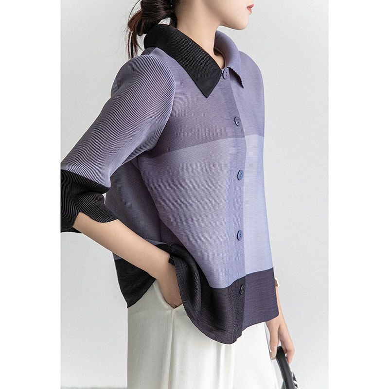 Miyake เสื้อคาร์ดิแกน กระดุมแถวเดียว ทรงหลวม ขนาดใหญ่ สีตัดกัน แฟชั่นฤดูใบไม้ผลิ และฤดูร้อน สไตล์เกาหลี สําหรับผู้หญิง