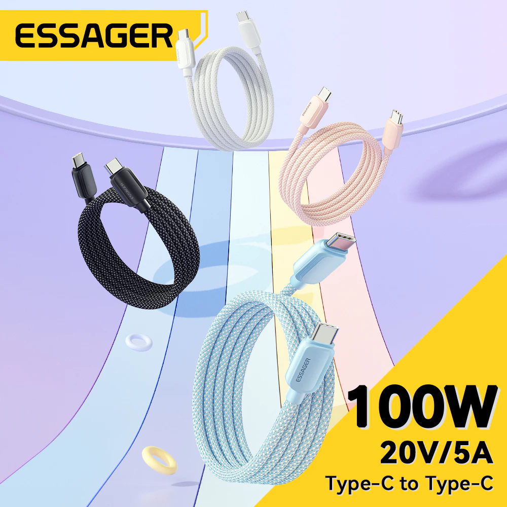 Essager W 100W 5A Type C To Type C สายชาร์จข้อมูล ชาร์จเร็ว สีดํา สีขาว สีฟ้า สีชมพู