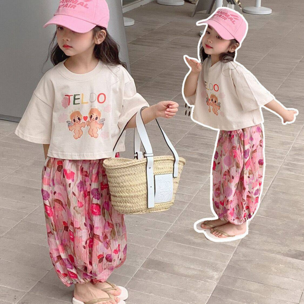 honeywears พร้อมส่ง ชุดเซ็ทเด็ก ชุดสูทแขนสั้นของผู้หญิง เกาหลี แฟชั่น เนื้อผ้าใส่สบาย เสื้อพิมพ์ลายนางฟ้าน่ารัก + ดอกไม้สีชมพู 2-9ปี