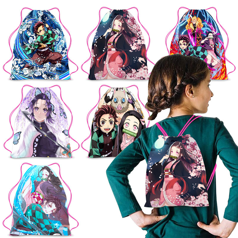 กระเป๋าเป้สะพายหลัง แบบหูรูด ลาย Demon Slayer Kamado Nezuko ขนาด 27x34 ซม. เหมาะกับของขวัญวันเกิด สําหรับเด็กนักเรียน จํานวน 1 ชิ้น