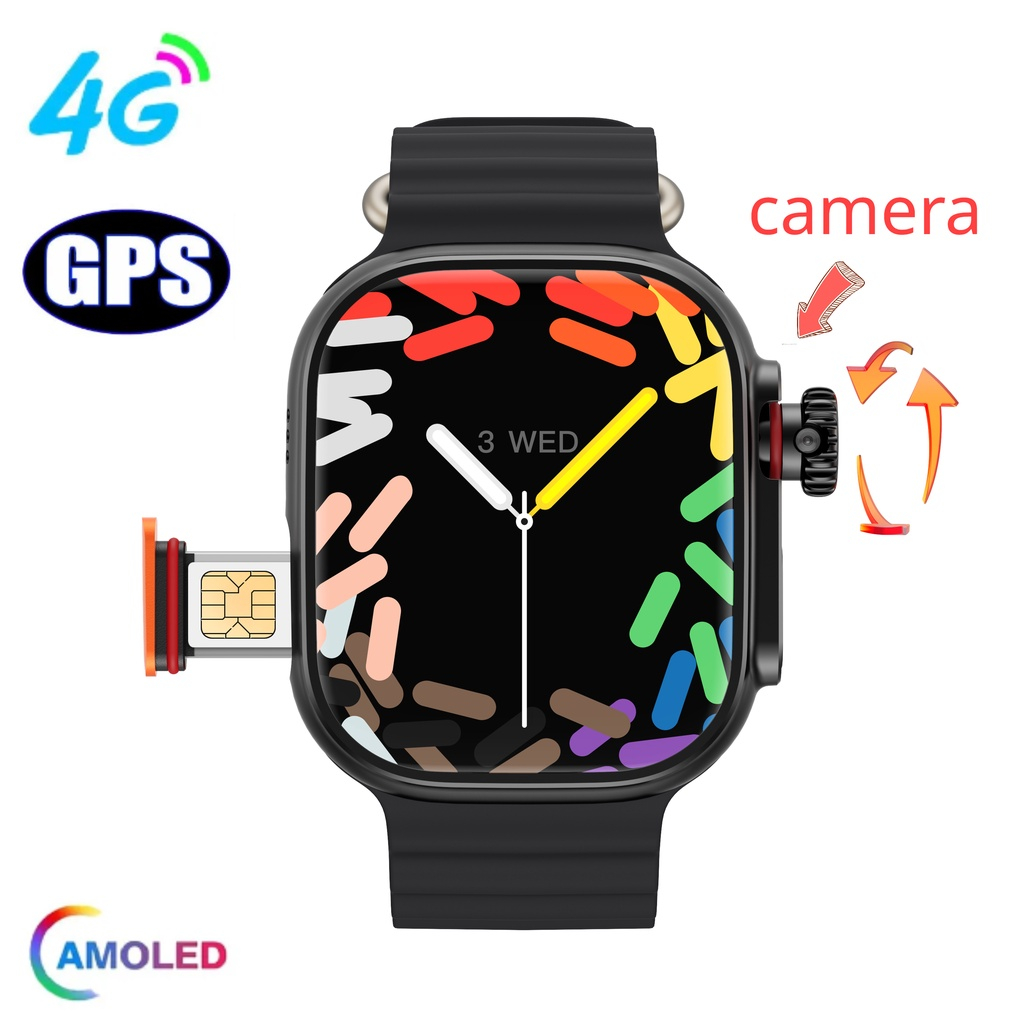 4G ซิม Android กล้องด้านหน้าและด้านหลังกล้องโทรวิดีโอซูเปอร์สมาร์ทนาฬิกา 1: 1 49 มม. หน้าจอ AMOLED 4 คอร์ซีพียูพร้อมกล้อง ซิมการ์ด LTE Wifi GPS
