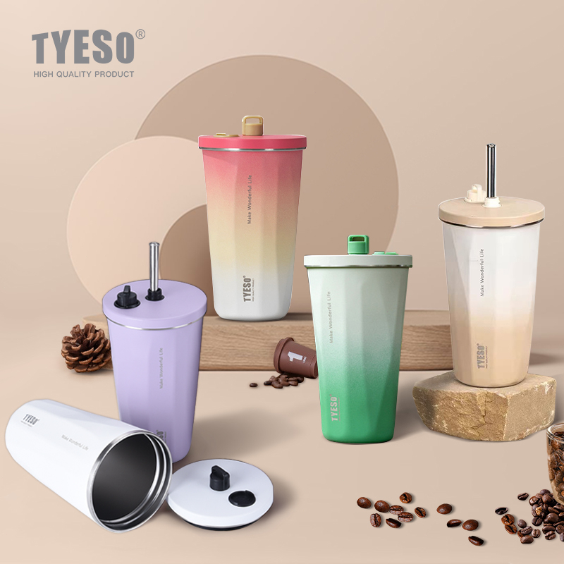 แก้วเก็บอุณหภูมิ TYESO แก้วกาแฟ พร้อมหลอด+แปรง ขนาด 600ml สีทูโทน รุ่นใหม่ล่าสุด
