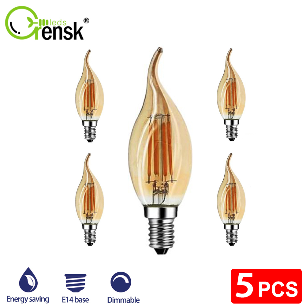 หลอดไฟ Led C35 4W หรี่แสงได้ E14 ฐานรูปเปลวไฟ สไตล์เรโทร สําหรับโคมไฟระย้า 5 ชิ้น