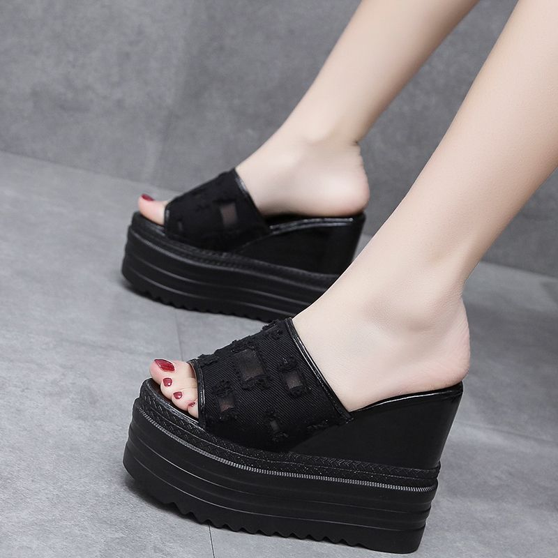 Peep-Toe แพลตฟอร์มผู้หญิง Wedges Heels12cm สไลด์รองเท้าแตะลําลอง Slingback