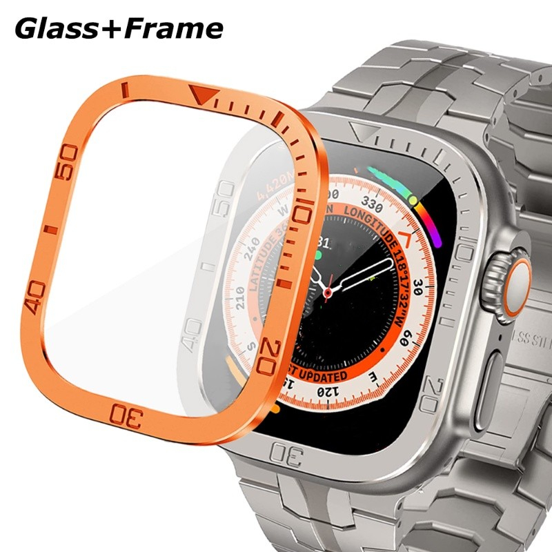 กระจกนิรภัย + กรอบ สําหรับ iWatch Ultra 49 มม. ฝาครอบสแตนเลส เคสป้องกันหน้าจอ แหวน Bezel สําหรับ iWatch 49 อุปกรณ์เสริม