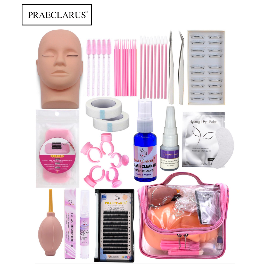 PRAECLARUS 16 in 1 ชุดฝึกต่อขนตาปลอม หัวหุ่น ปากกากาว แผ่นแปะตา กาว แหนบ กาว แหวน แปรง ต่อขนตา ชุดเครื่องมือ PRAECLARUS