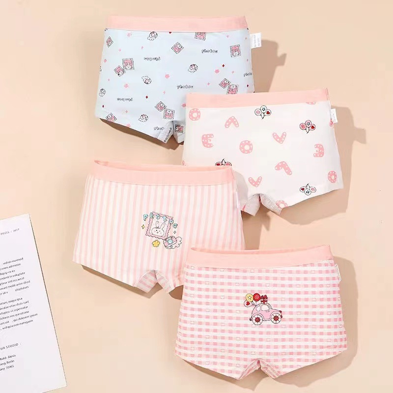 4 ชิ้น / กล่อง 1-14 ปี เด็กผู้หญิง Babygirl เด็ก ชุดชั้นใน ผ้าฝ้ายนุ่มและสะดวกสบาย ความปลอดภัย ป้องกันชีพจร ชุดชั้นในการ์ตูนกระต่าย หมี พิมพ์ชุดชั้นใน