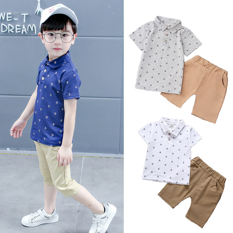 เสื้อโปโลแขนสั้น กางเกงขาสั้น ลายสมอเรือ สไตล์คลาสสิก แฟชั่นฤดูร้อน สําหรับเด็กผู้ชาย อายุ 1-7 ปี