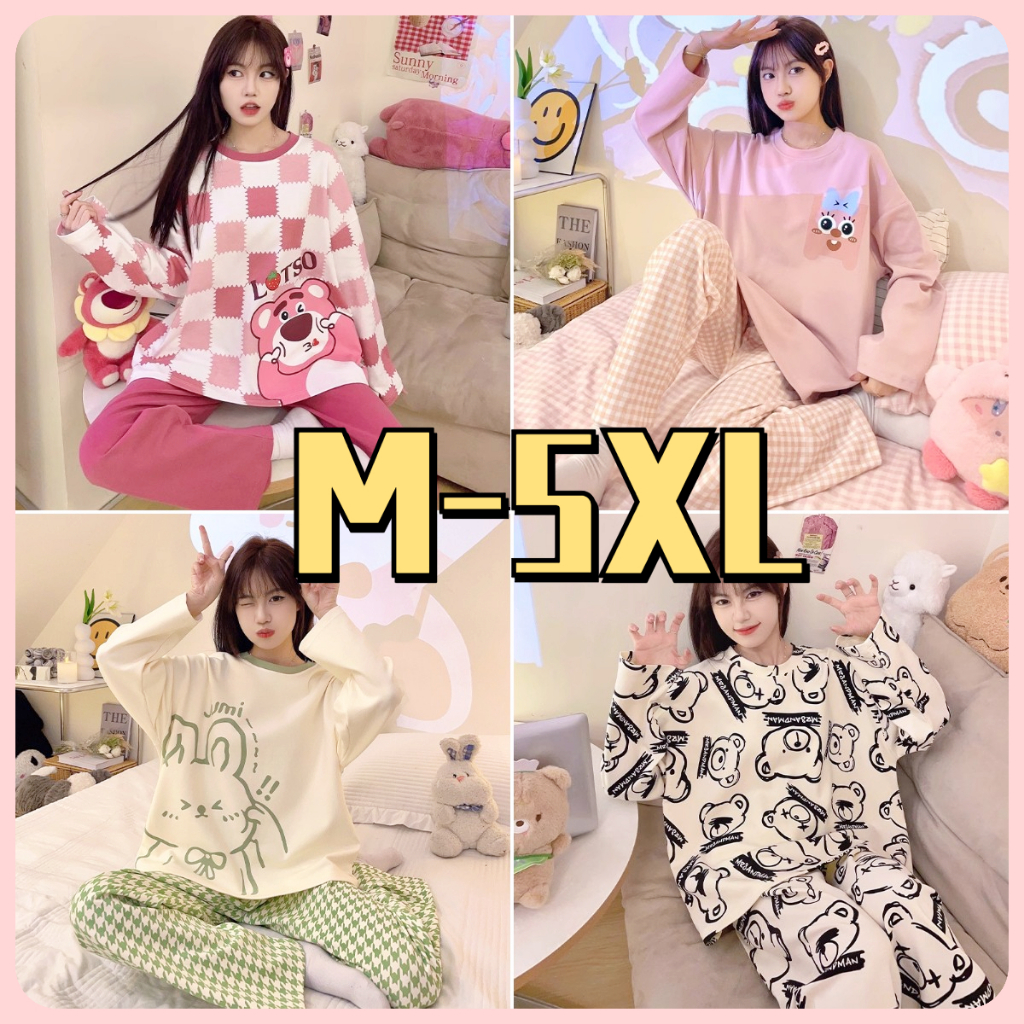 5XL ชุดนอนผู้หญิงอวบ ชุดนอนผู้หญิงน่ารักๆ ชุดนอนผู้หญิงขายาวญิง เสื้อแขนยาว และกางเกงขายาว