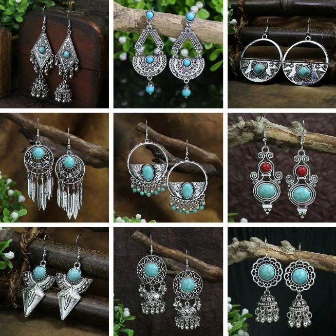 เครื่องประดับ ต่างหู ชุบเงิน จี้หินเทอร์ควอยซ์ ทรงกลม ประดับพู่ สีฟ้า สไตล์โบฮีเมียน แฟชั่นวินเทจ สําหรับผู้หญิง