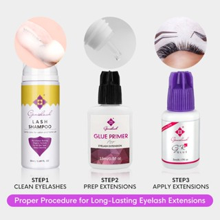 Genielash ชุดกาวติดขนตาแห้งเร็ว + กาวไพรเมอร์ 15 มล. แข็งแรง แห้งเร็ว + แชมพูขนตา 50 มล. สําหรับทําความสะอาดขนตาต่อ