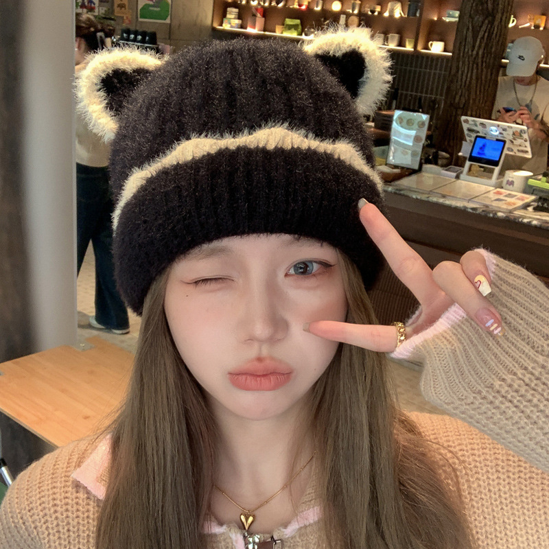 หมวกถัก ผ้าวูล แต่งหูน่ารัก ขนาดใหญ่ ให้ความอบอุ่น แฟชั่นฤดูใบไม้ร่วง และฤดูหนาว สไตล์เกาหลี และญี่ปุ่น สําหรับผู้หญิง