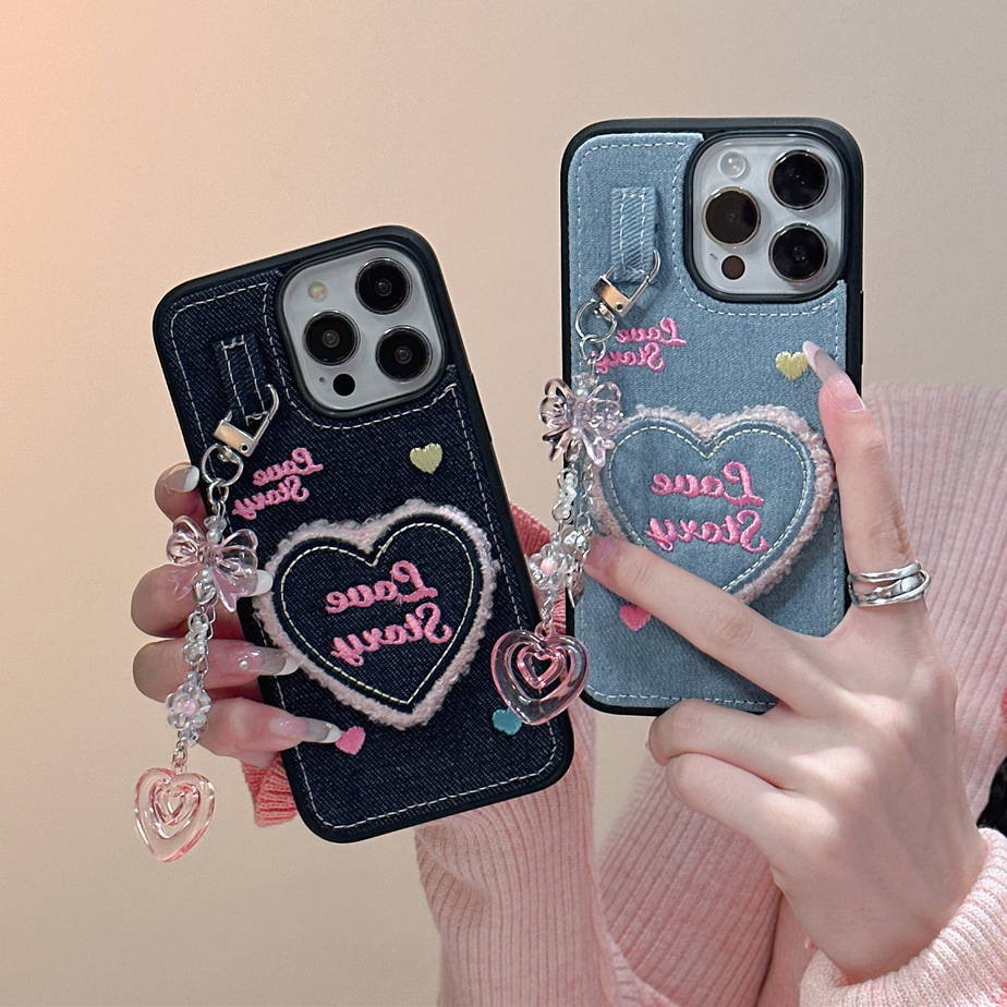 สําหรับIphone Case 17 Pro Max 16 Pro Max 15 Pro Max 14 Pro Max 13 Pro Max 12 Pro Max Denim love plush Edgingเย็บปักถักร้อยTPU Soft Case