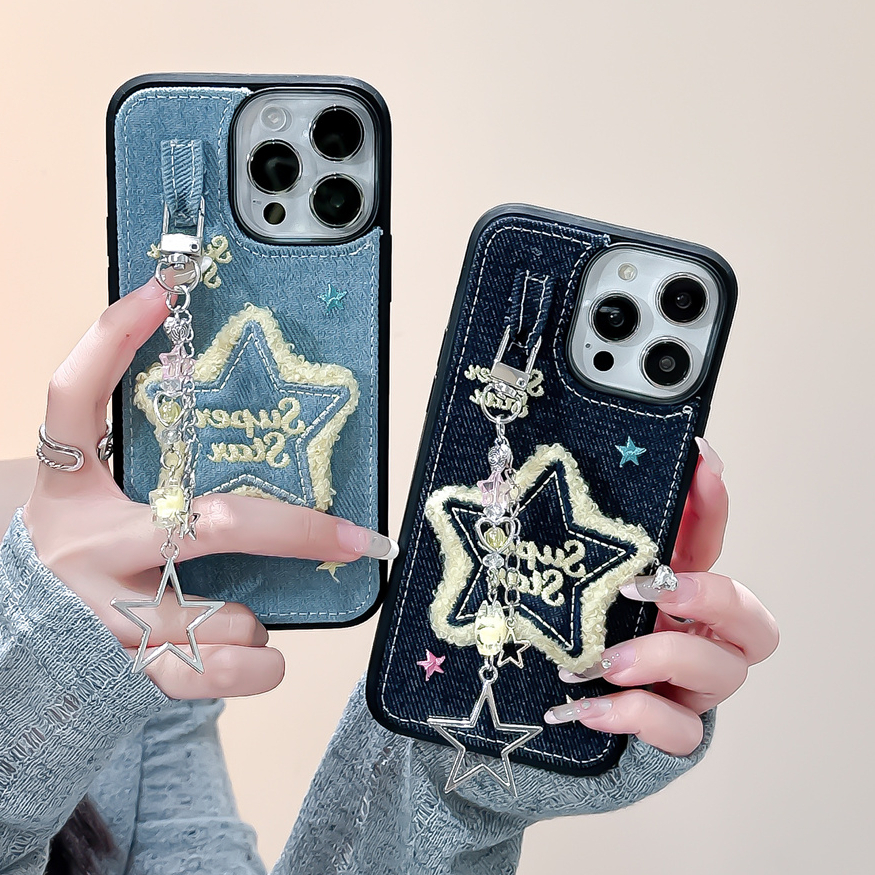 สําหรับIphone Case 17 Pro Max 16 Pro Max 15 Pro Max 14 Pro Max DenimสีเหลืองStars plush Edgeเย็บปักถักร้อยTPU Soft Case