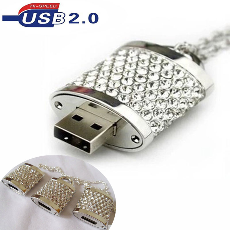 ส่วนบุคคลสร้างสรรค์เครื่องประดับคริสตัล rhinestone ล็อค usb แฟลชไดรฟ์ 16gb 32gb 64GB usb 2.0 สร้อยคอ
