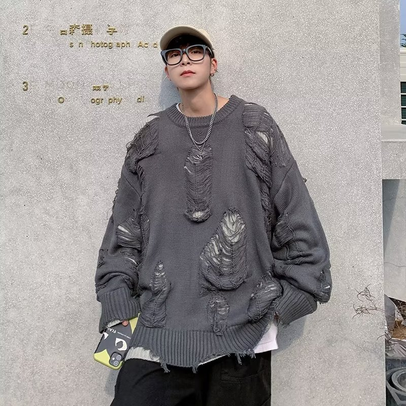 ปลอมสองชิ้น Ripped เสื้อกันหนาวผู้ชาย M-2XL สองชิ้นฤดูใบไม้ร่วงฤดูหนาว Street สวมใส่สองด้านเสื้อถักผ