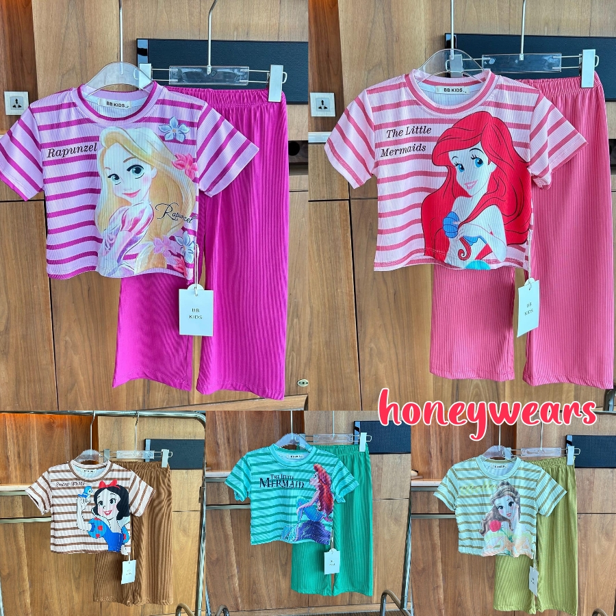 honeywears พร้อมส่ง ชุดเซตเด็กหญิง แขนสั้น ขายาว ลายการ์ตูนเจ้าหญิง น่ารัก ฤดูร้อน 2023