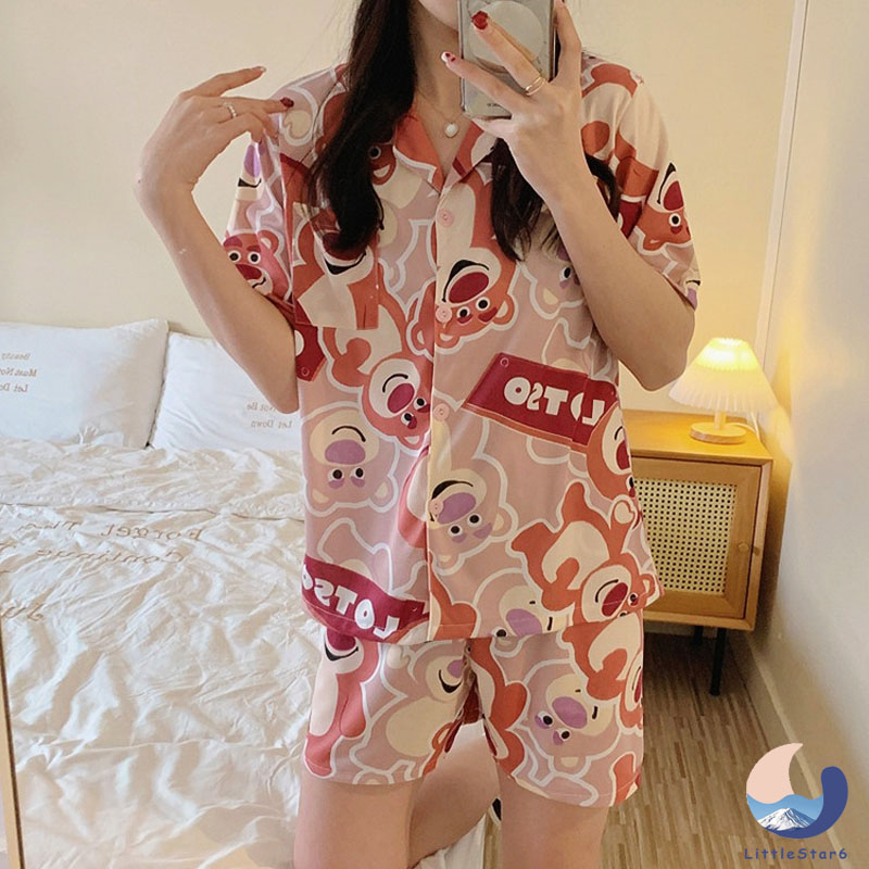 ชุดนอนแขนสั้น กางเกงขาสั้น นฤดูร้อน ลายการ์ตูนหมีสตรอเบอร์รี่น่ารัก strawberry bear lotso Pajamas【LittleStar6】