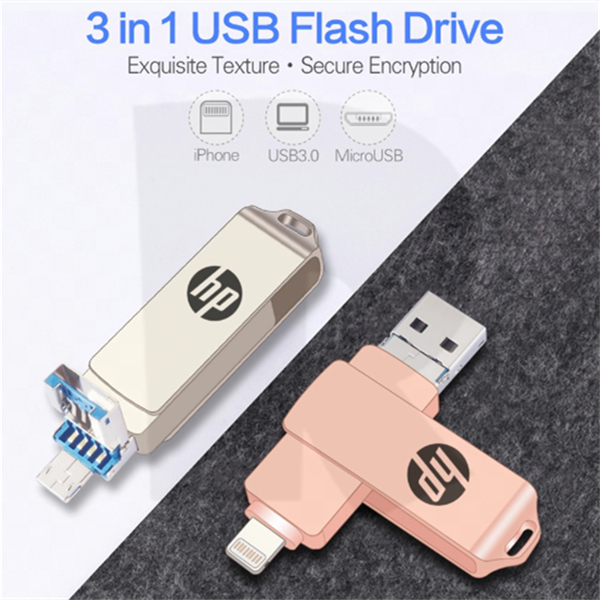 Hp แฟลชไดรฟ์ OTG โลหะ HP 3.0 USB 1TB 3 in 1 OTG แฟลชไดรฟ์โลหะกันน้ําความเร็วสูง U Disk Pendrive