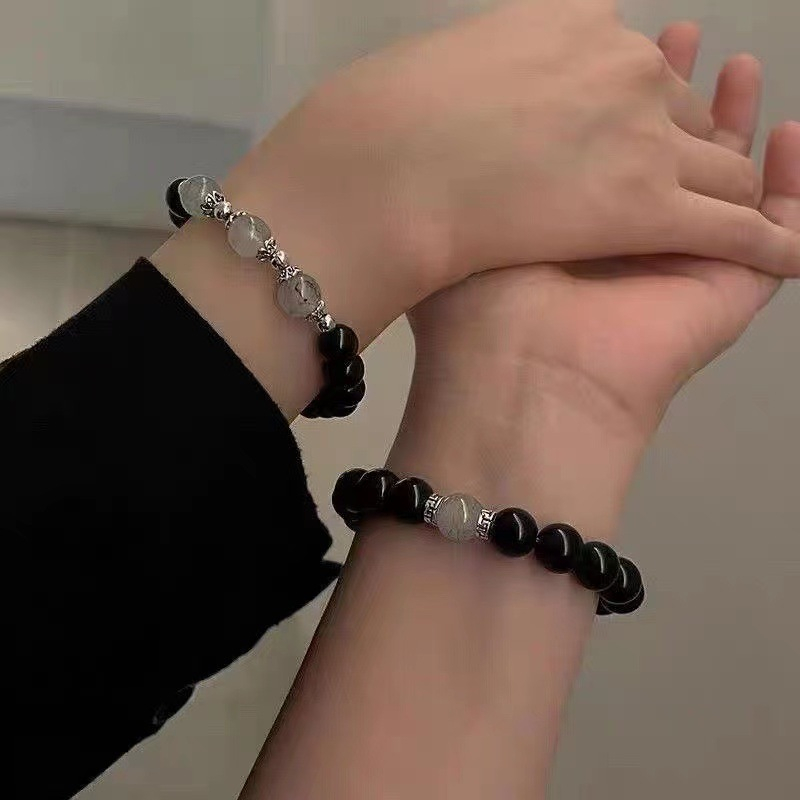 สร้อยข้อมือ ประดับลูกปัดออบซิเดียน ดีไซน์เรียบง่าย สไตล์วินเทจ สําหรับนักเรียน