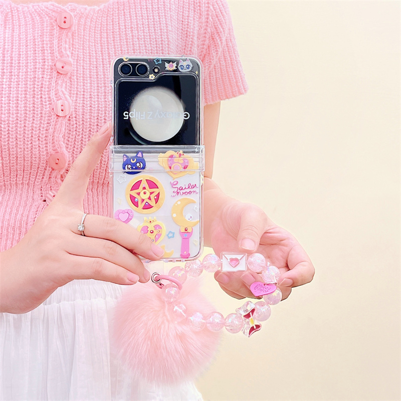 เคสโทรศัพท์มือถือ PC แข็ง แบบใส กันกระแทก ลายการ์ตูนเด็กผู้หญิงสวย 3D พร้อมสายโซ่คล้อง สีชมพู สําหรับ Samsung Galaxy Z Flip 5 Z Flip 4 Z Flip 3 5G
