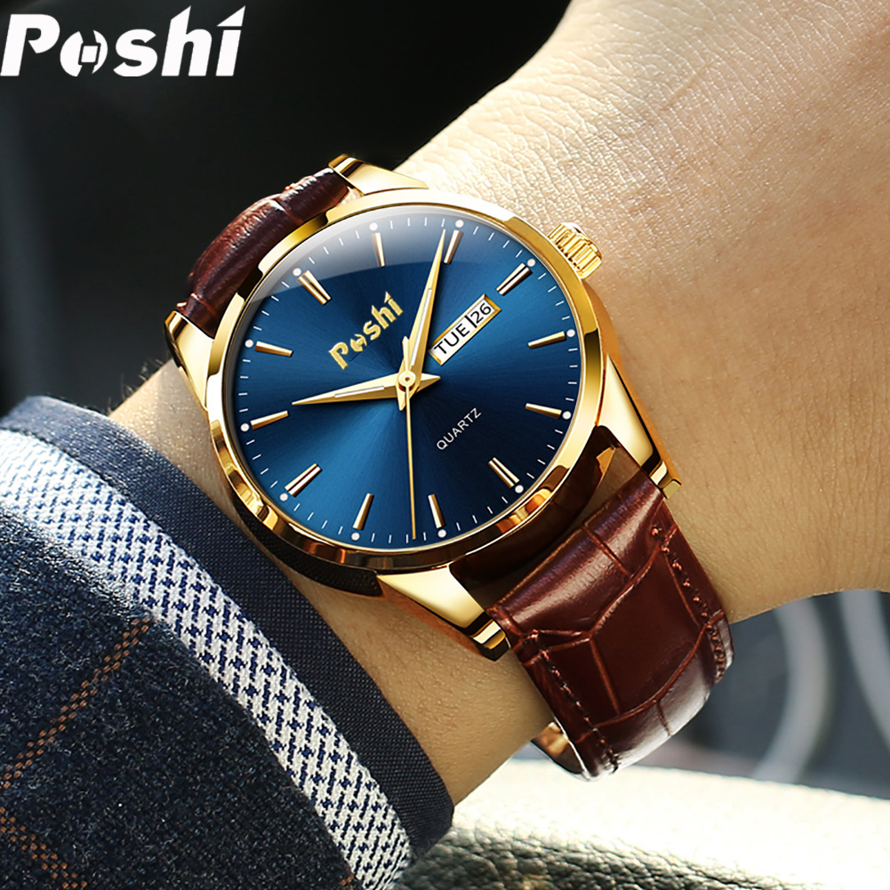 Poshi Jam Tangan Lelaki 100% นาฬิกากันน้ําผู้ชายสีน้ําตาลหนังควอตซ์วันที่ส่องสว่างแฟชั่นกีฬา Casual Man นาฬิกา