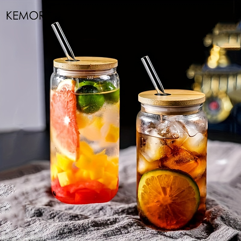 KEMORELA แก้วกาแฟ ชา เบียร์ นม โค้ก นม และเครื่องดื่ม พร้อมฝาปิดไม้ไผ่ ใช้ซ้ําได้