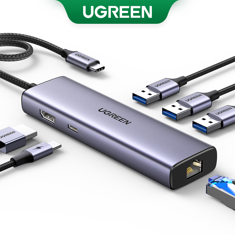 Ugreen อะแดปเตอร์แปลง USB C Hub 4K30Hz 6 in 1 Hub Type-C เป็น HDMI RJ45 USB A 3.0 PD สําหรับ Macbook