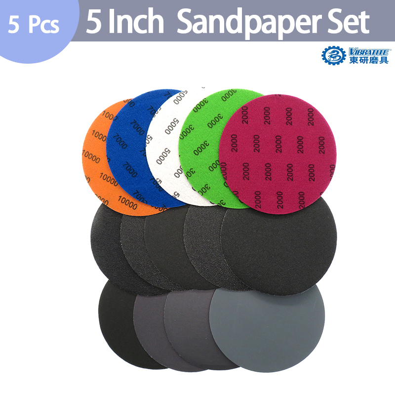 5 ชิ้น 5 นิ้ว 125 มิลลิเมตรแผ่นขัด Hook & Loop กระดาษทรายแห้งเปียกกรวด 60-10000 สําหรับไม้โลหะขัด