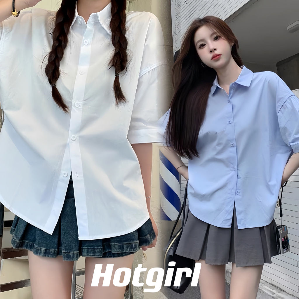 Hotgirl พร้อมส่งจากกทม เสื้อเชิ้ตแขนสั้นสีขาวสำหรับผู้หญิง แฟชั่นเสื้อเชิ้ตย้อนยุคเรียบง่าย