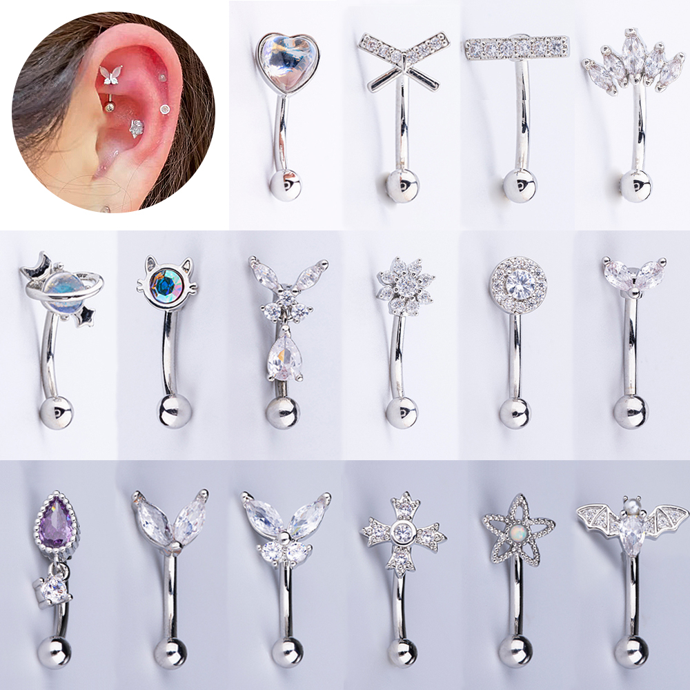 1 PC 18K สแตนเลสผีเสื้อ Cross Eyebrow เจาะหัวใจดอกไม้คริสตัลกระดูกอ่อนต่างหู Rook เจาะแหวนสะดือ