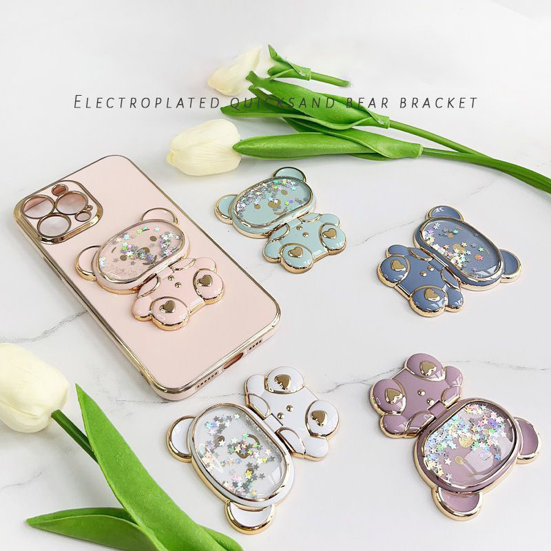 ที่วางมือถือ กระจก ที่วางเคสโทรศัพท์แบบชุบไฟฟ้า ที่วางมือถือรูปหมีทรายดูด แบบติดด้านหลังสามารถจับคู่กับโทรศัพท์มือถือใดๆก็ได้