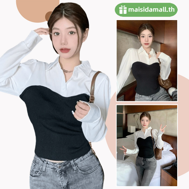 🔥พร้อมส่ง🔥 MSD เสื้อไหมพรมแต่งคอปกซีทรู แขนยาว ลุคคุณหนู น่ารักมาก