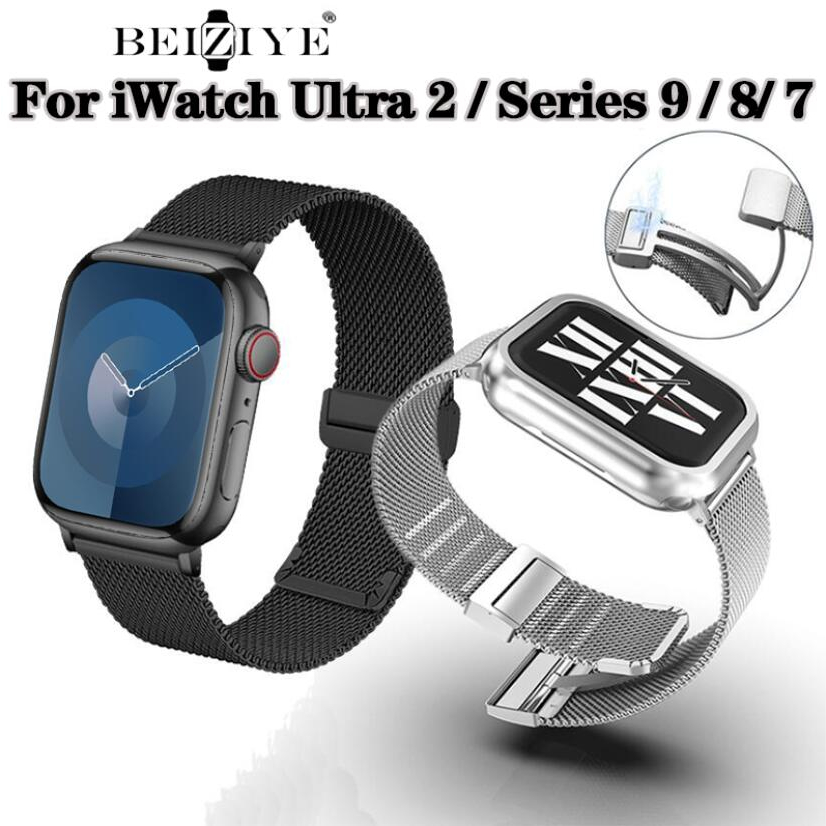 beiziye สายนาฬิกาข้อมือสเตนเลส แบบแม่เหล็ก สําหรับ applewatch Ultra 2 49mm Series 9 8 Ultra 7 6 se 5 4 3 2 1 i Watch ไซซ์ 49มม 41 มม. 45 มม. 38 มม. 40 มม. 42 มม. 44 มม. สาย