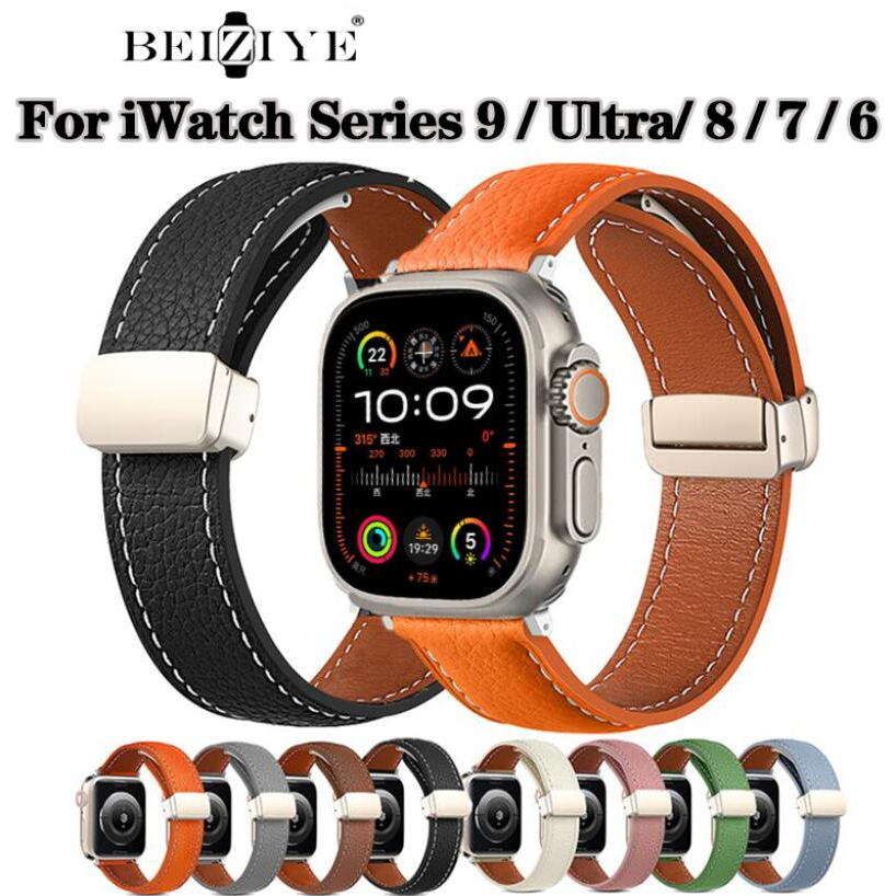 สายนาฬิกาข้อมือหนัง หัวเข็มขัดแม่เหล็ก สําหรับ Apple Watch 9 8 45 มม. 41 มม. Ultra 2/1 49 มม. Geniune iWatch Series 7 6 5 38 มม. 41 มม. 40 มม.